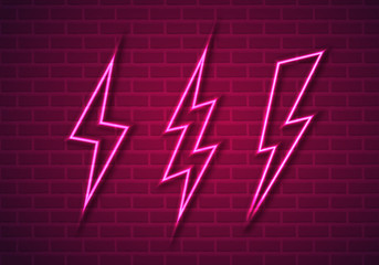 Vector Illustration of Pink Neon Thunderbolts on Brick Wall