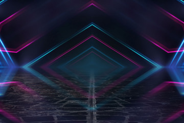 Empty background scene. Dark street reflection on wet asphalt. Rays of neon light in the dark, neon shapes, smoke. Background of an empty stage show. Abstract dark background.