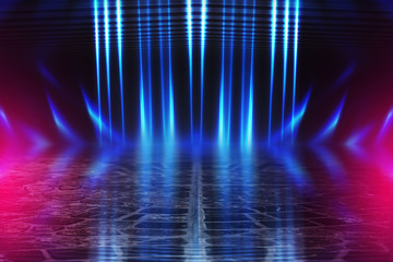 Empty background scene. Dark street reflection on wet asphalt. Rays of neon light in the dark, neon shapes, smoke. Background of an empty stage show. Abstract dark background.