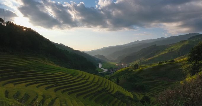 Time-lapse 4k: Vietnam landscapes. Rice fields on terraced of Mu Cang Chai, YenBai, Vietnam. Royalty high-quality free stock timelpase footage of beautiful terrace rice fields prepare the harvest