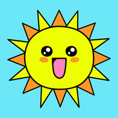 Vector cute illustration of a yellow smiling sun on blue sky - Kawaii style art