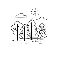 Minimalistic black and white landscape. Trees and bushes in a hand drawn style.