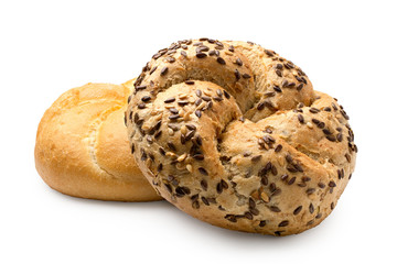 Whole wheat kaiser roll with seeds on top of plain kaiser roll  isolated on white.