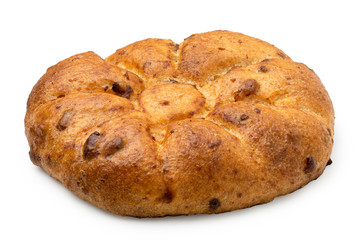 Round pork cracklings flat bread isolated on white.