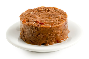 Premium tinned cat food on white ceramic plate isolated on white.