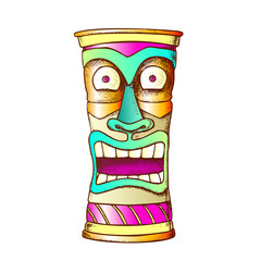 Tiki Idol Carved Wood Crazy Laugh Totem Ink Vector. African Ethnicity Mystery Medieval Tearful Sculpture Idol. Scary Ritual Object Template Designed In Retro Style Color Illustration