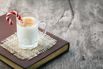 Fototapeta na wymiar Traditional in the United States and Canada, the drink is made from milk, egg, sugar and nutmeg. It is usually served hot with an alcoholic splash of brandy or rum. Christmas drink.
