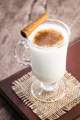 Traditional in the United States and Canada, the drink is made from milk, egg, sugar and nutmeg. It is usually served hot with an alcoholic splash of brandy or rum. Christmas drink.