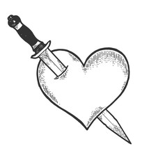 Heart symbol pierced with knife dagger weapon sketch engraving vector illustration. Romantic love lovesickness symbol. Tee shirt apparel print design. Scratch board imitation.