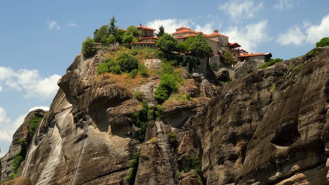 Orthodox Meteora monasteries located on the greek rocks. Greece. 4K