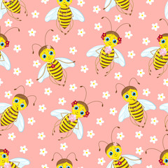 Seamless pattern with bees and flowers. Cute illustration for kids, children and parents.