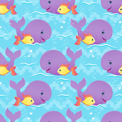 Fototapeta na wymiar Whale and fish best friends seamless pattern.