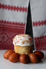 Easter cake and easter eggs, close up