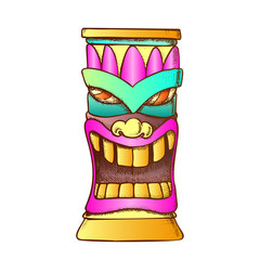 Tiki Idol Carved Wooden Totem Color Vector. Mythological Mystical Indigenous Laughing Sculpture Idol Mask. Old Object Template Hand Drawn In Vintage Style Illustration