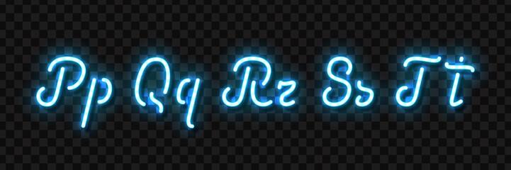 Vector realistic isolated neon sign of P, Q, R, S, T letters of typography alphabet font for template decoration and invitation covering on the transparent background. - obrazy, fototapety, plakaty