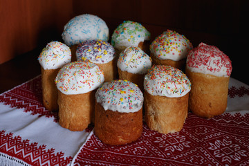 Easter cakes on the background of an embroidered towel
