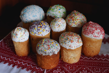 Easter cakes on the background of an embroidered towel