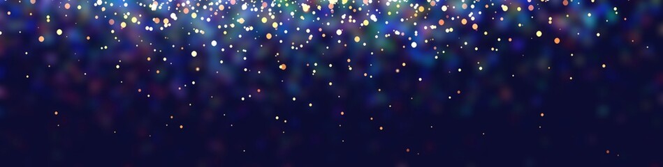 New Year festive night party web design. Shimmer sparks and blurred colorful garlan lights on dark blue background. Holiday decoration banner template. Magical low light.