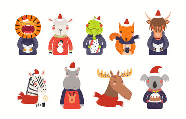 Big Christmas set with cute animals in Santa Claus hats, ugly sweaters. Isolated objects on white background. Hand drawn vector illustration. Scandinavian style flat design. Concept for children print