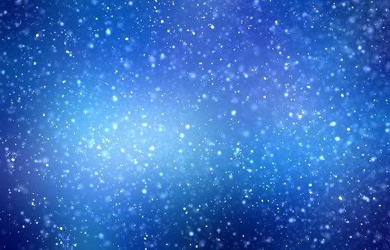 Magical winter holiday night. Snowfall on deep blue gleaming background. Christmas design. Blur soft texture.
