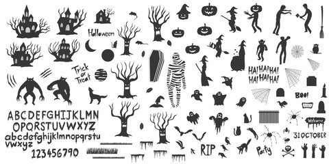 Set of silhouettes of Halloween on a white background, sticker, sketch, icon,hand drawn