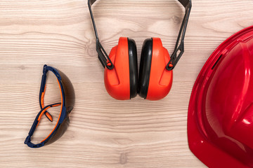 Ear eye and head protectors on the desk