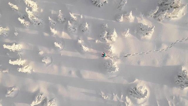 Aerial view of man walking with snowshoes on white snow in winter. Europe mountains. 4K