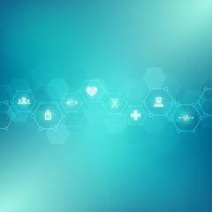 Abstract medical background with flat icons and symbols. Template design with concept and idea for healthcare technology, innovation medicine, health, science and research.