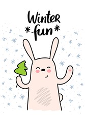 Funny smiling bunny with sweet new year tree on the background of christmas doodles. Flat vector illustration