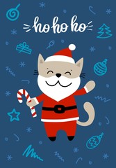 Fototapeta na wymiar Hand drawn Cat Santa Claus with holiday sweet on the background of christmas doodles. Flat vector illustration