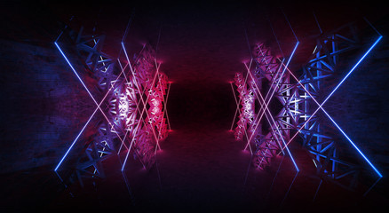 Dark scene, room with neon light beams. Futuristic neon background. Smoke, night view, wall lighting. Abstract light, light tunnel, backlit design on stage. Brick wall. 3D illustration.