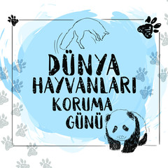 Dunya Hayvanlari Koruma Gunu (World Animal Day) With cute little baby panda and jumping fox. Sketch and doodle style. © lazyintrovert