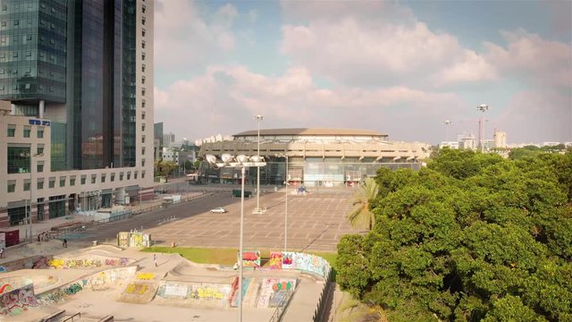 Stadium And skate park in tel aviv Aerial Drone footage over Stadium And skate park in tel aviv Aerial