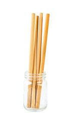 Bamboo straws tube drink water in glass.
