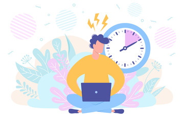 Business concept of freelancer with a laptop, time management and deadline, time is running out. Vector