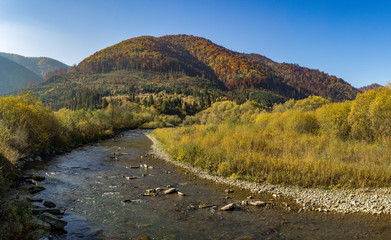 Scenic view of Carpathian mountains with river