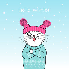 Hello winter. Cute cartoon cat wearing a knitted hat and sweater. Hand drawn illustration