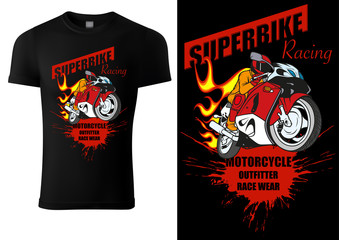 Black T-shirt Design with Motorcyclist and Inscriptions - Graphic Design for Printmaking T-shirt or Poster and etc., Vector