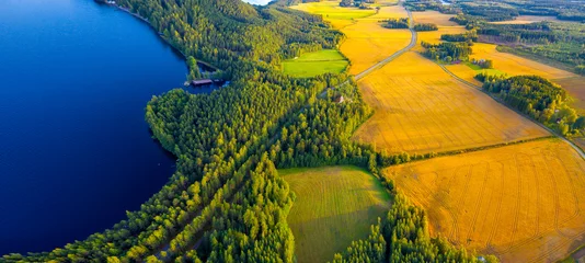 Luftaufnahme von Pulkkilanharju Ridge, Paijanne National Park, südlicher Teil des Lake Paijanne. Landschaft mit Drohne. Blaue Seen, Felder und grüne Wälder von oben an einem sonnigen Sommertag in Finnland. © Della_Liner