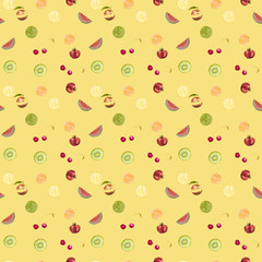 Seamless watercolor fruit on yellow bckground