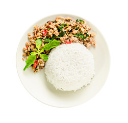 Rice topped with stir-fried pork and basil.