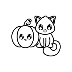 cute cat with pumpkin on white background