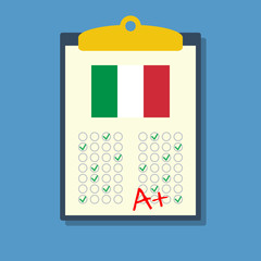 italian language final exam test with a plus grade, flat vector illustration