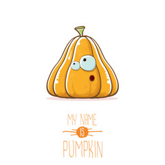 vector funny cartoon cute orange smiling pumkin isolated on white background. My name is pumkin vector concept illustration. vegetable funky halloween or thanksgiving day character