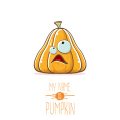 vector funny cartoon cute orange smiling pumkin isolated on white background. My name is pumkin vector concept illustration. vegetable funky halloween or thanksgiving day character