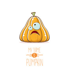 vector funny cartoon cute orange smiling pumkin isolated on white background. My name is pumkin vector concept illustration. vegetable funky halloween or thanksgiving day character