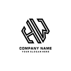 HW initial letters, hexagon logo minimalist art lines, black color