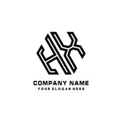 HX initial letters, hexagon logo minimalist art lines, black color