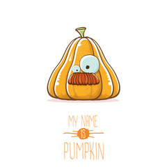 vector funny cartoon cute orange smiling pumkin isolated on white background. My name is pumkin vector concept illustration. vegetable funky halloween or thanksgiving day character
