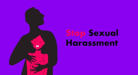 Stop Sexual Harassment vector illustration. Frightened Girl suffering from agressive behavior. Rape victim. Me too teg.
